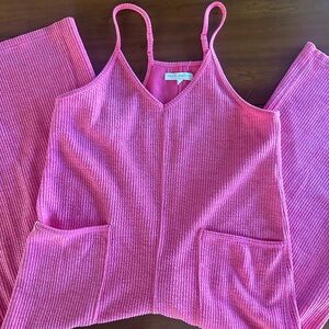 Simply Southern Pink Ribbed Jumpsuit, wide cropped legs, size M